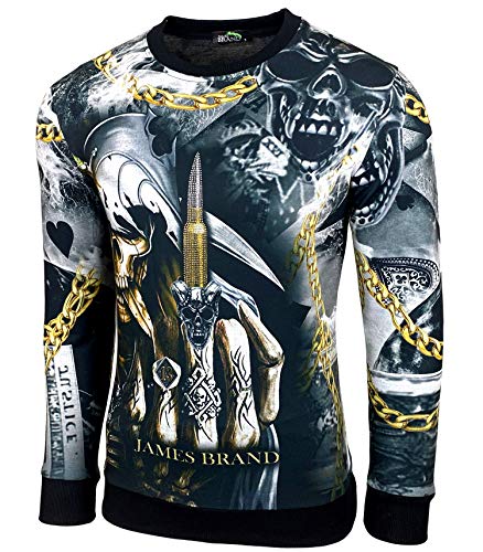 Baxboy Herren Rundhalskragen Longsleeve T-Shirt Moderner Männer Langarmshirt Biker Design Langarm Sweatshirt Totenkopf mit Ziersteinen, Farbe:901 Schwarz, Größe:M von Baxboy