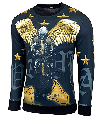 Herren Rundhalskragen Longsleeve T-Shirt Moderner Männer Langarmshirt Biker Design Langarm Sweatshirt Totenkopf mit Ziersteinen, Farbe:903 Schwarz, Größe:L von Baxboy