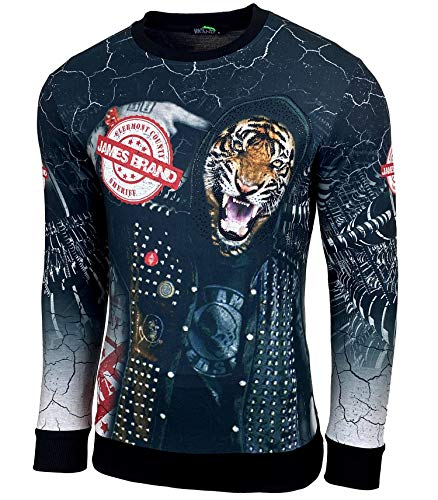 Baxboy Herren Rundhalskragen Longsleeve T-Shirt Moderner Männer Langarmshirt Biker Design Langarm Sweatshirt Totenkopf mit Ziersteinen, Farbe:906 Schwarz, Größe:XL von Baxboy
