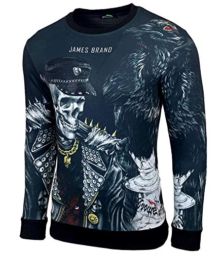 Baxboy Herren Rundhalskragen Longsleeve T-Shirt Moderner Männer Langarmshirt Biker Design Langarm Sweatshirt Totenkopf mit Ziersteinen, Farbe:911 Schwarz, Größe:XL von Baxboy