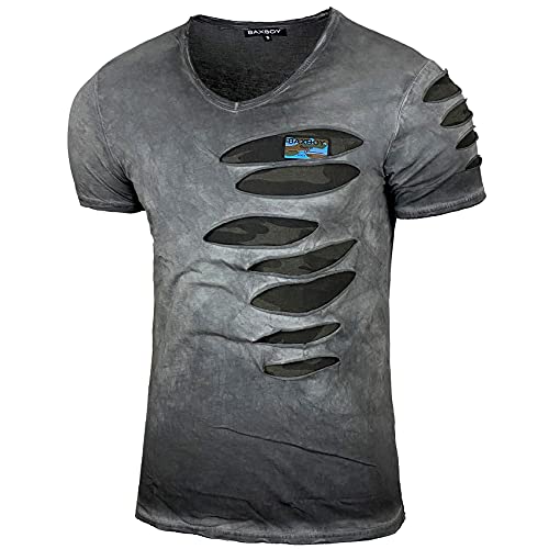 Herren Verwaschen Vintage Used Look Rundhals T-Shirt Kurzarm Hemd Slim Fit Design Fashion 053, Farbe:15053 Anthrazit, Größe:L von Baxboy