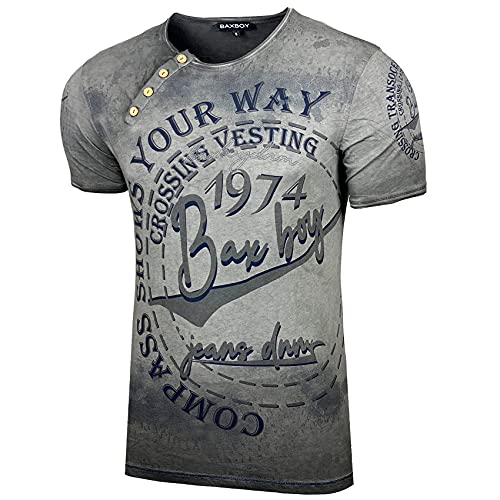 Baxboy Herren Verwaschen Vintage Used Look Rundhals T-Shirt Kurzarm Hemd Slim Fit Design Fashion B-145, Farbe:Anthrazit, Größe:S von Baxboy