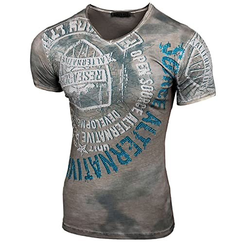 Herren V-Neck Strass Vintage T-Shirt Kurzarm Slim Fit Design Fashion Top Print Strass Shirt 15163, Farbe:Anthrazit, Größe:S von Baxboy