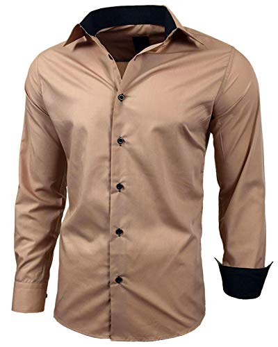 Baxboy Herren-Hemd Slim-Fit Bügelleicht Für Anzug, Business, Hochzeit, Freizeit - Langarm Hemden für Männer Langarmhemd R-44, Farbe:Beige, Größe:2XL von Baxboy