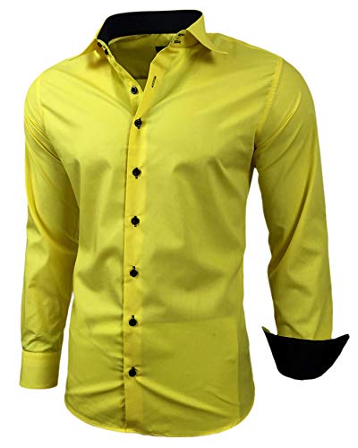 Baxboy Herren-Hemd Slim-Fit Bügelleicht Für Anzug, Business, Hochzeit, Freizeit - Langarm Hemden für Männer Langarmhemd R-44, Farbe:Gelb, Größe:4XL von Baxboy