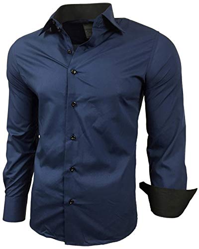 Baxboy Herren-Hemd Slim-Fit Bügelleicht Für Anzug, Business, Hochzeit, Freizeit - Langarm Hemden für Männer Langarmhemd R-44, Farbe:Marine, Größe:5XL von Baxboy