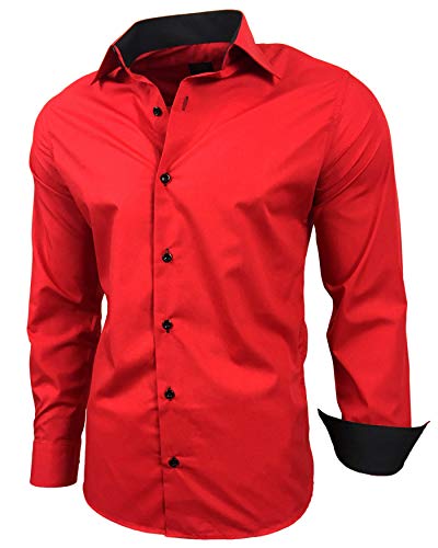 Baxboy Herren-Hemd Slim-Fit Bügelleicht Für Anzug, Business, Hochzeit, Freizeit - Langarm Hemden für Männer Langarmhemd R-44, Farbe:Rot, Größe:M von Baxboy