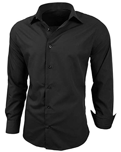 Baxboy Herren-Hemd Slim-Fit Bügelleicht Für Anzug, Business, Hochzeit, Freizeit - Langarm Hemden für Männer Langarmhemd R-44, Farbe:Schwarz, Größe:S von Baxboy