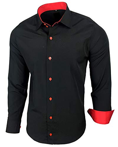 Baxboy Herren-Hemd Slim-Fit Bügelleicht Für Anzug, Business, Hochzeit, Freizeit - Langarm Hemden für Männer Langarmhemd R-44, Farbe:Schwarz/Rot, Größe:2XL von Baxboy