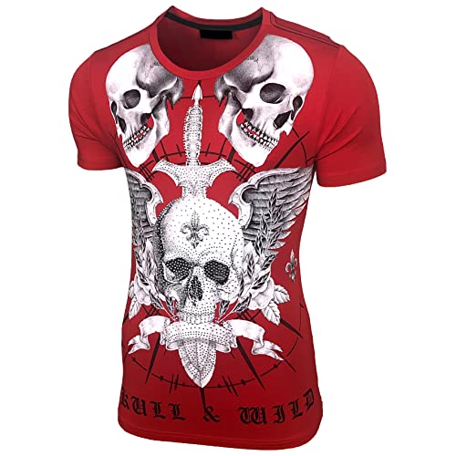 NEU Herren Vintage Totenkopf Kurzarm T-Shirt mit Strass Steinen Slim Fit Design Fashion Top Skull Print Shirt 2317, Farbe:Rot, Größe:S von Baxboy