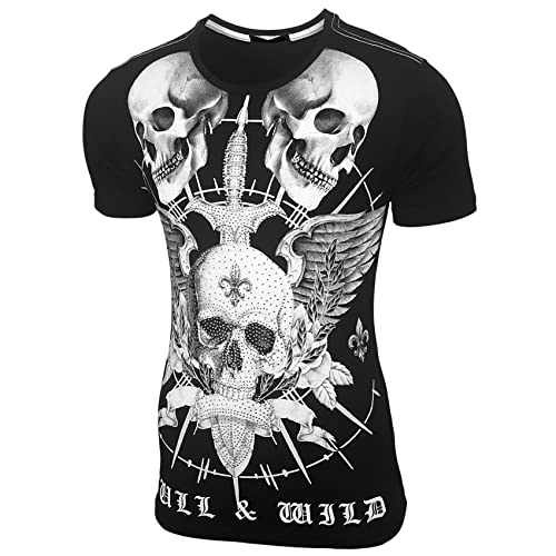 NEU Herren Vintage Totenkopf Kurzarm T-Shirt mit Strass Steinen Slim Fit Design Fashion Top Skull Print Shirt 2317, Farbe:Schwarz, Größe:3XL von Baxboy