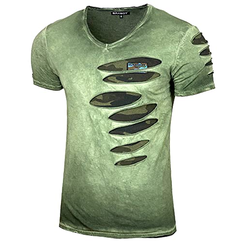 Herren Verwaschen Vintage Used Look Rundhals T-Shirt Kurzarm Hemd Slim Fit Design Fashion 053, Farbe:15053 Khaki, Größe:2XL von Baxboy