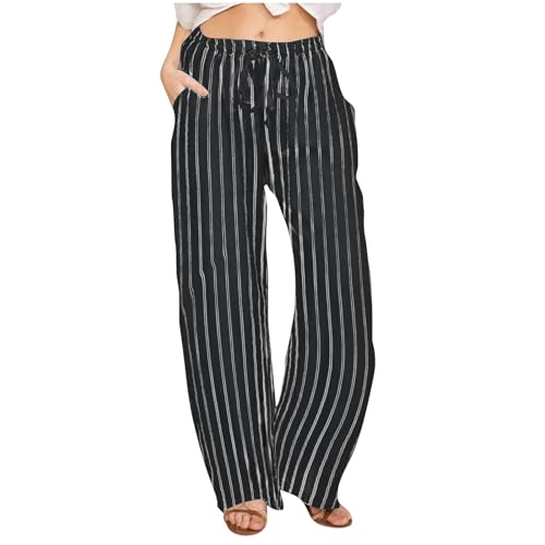Gestreifte Loungehose für Damen Sommerhose Damen Leicht Streifen Freizeithose Frauen Loose Fit Sweathose Straight Bein Hose Leinenhose Lange Beach Pants Weite Casual Strandhose Strand Jogginghose von Baxtayel