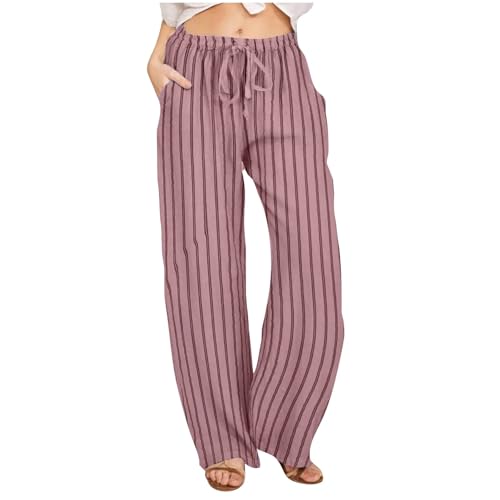 Gestreifte Loungehose für Damen Sommerhose Damen Leicht Streifen Freizeithose Frauen Loose Fit Sweathose Straight Bein Hose Leinenhose Lange Beach Pants Weite Casual Strandhose Strand Jogginghose von Baxtayel