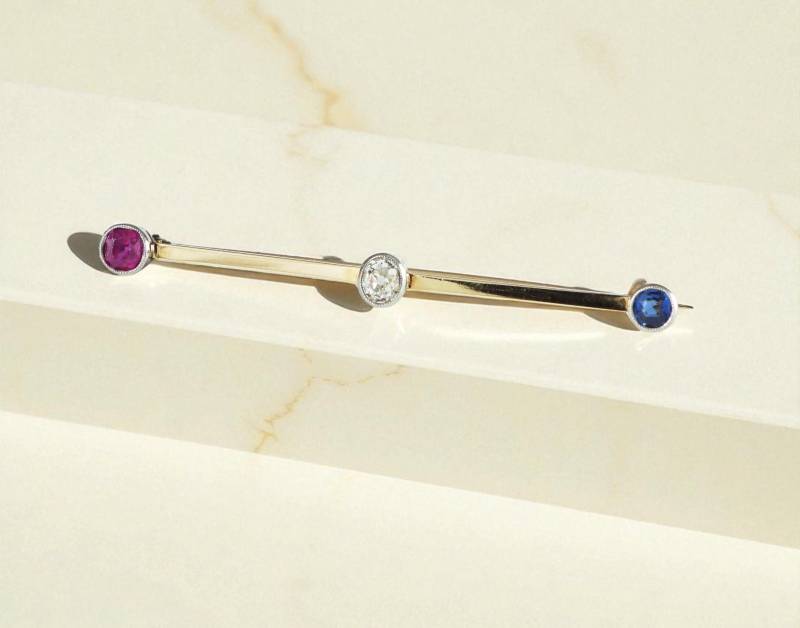 Antike Rubin, Saphir & Diamant Brosche, 15Ct Gelbgold von BaxterAndHanks