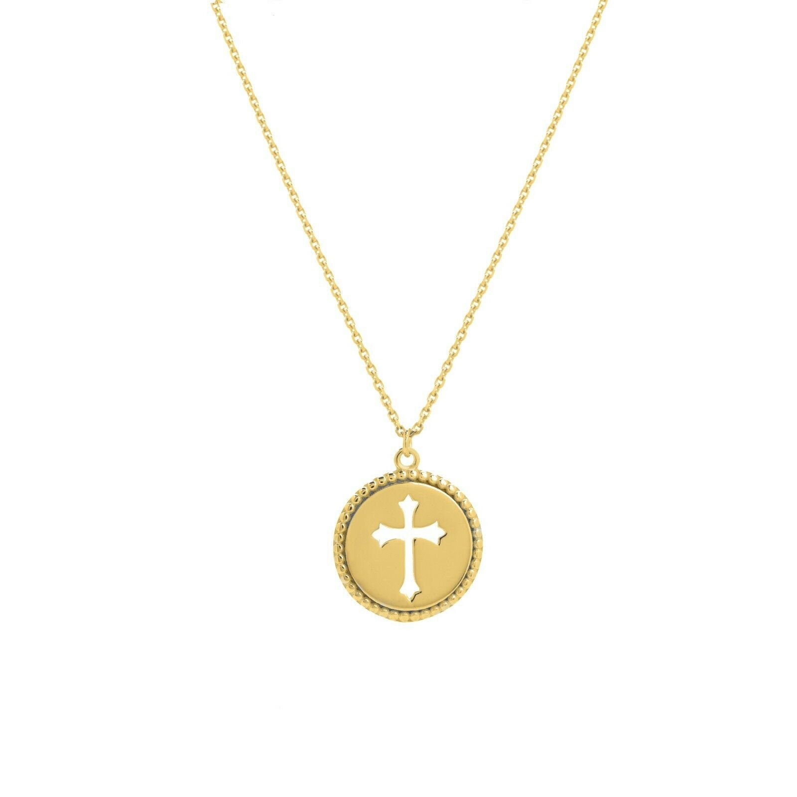 12mm Verstellbare Cut Out Kreuz Medaillon Halskette Echt 14K Gelbgold 18" von BayamJewelry