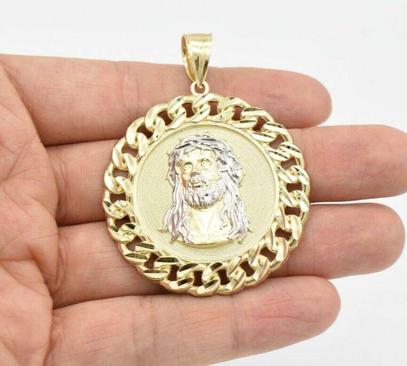 2 1/4 "Runde Jesus Kopf Textured Medaillon Anhänger Charme Echt 10K Gelb Weißgold von GoldumNYC