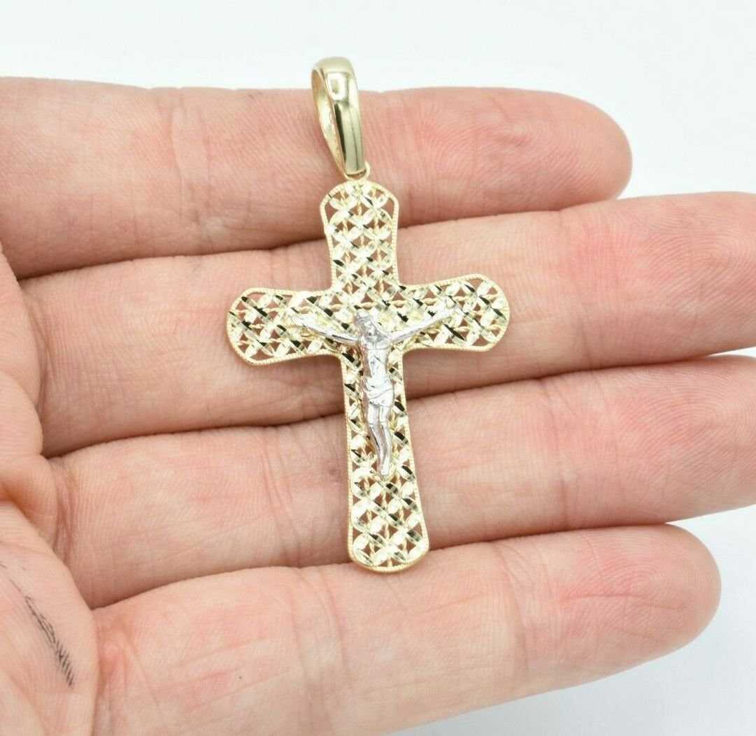 2 1/4" Texturierte Rückseite Jesus Kreuz Kruzifix Zweifarbiger Anhänger Echt 10K Gelb Weiß von BayamJewelry