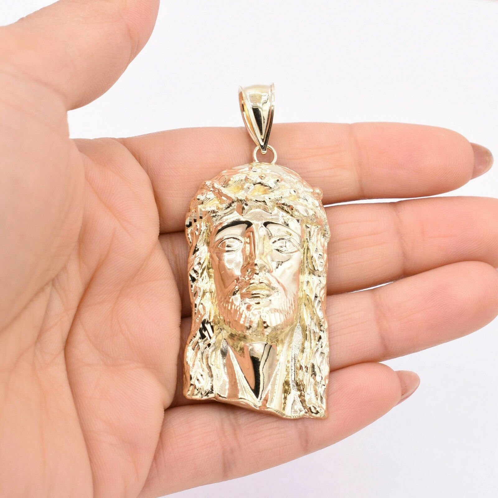 2 3/4 "Texturiertes Gesicht Von Jesus Anhänger Charm Echt Solid 10K Gelb Gold von BayamJewelry