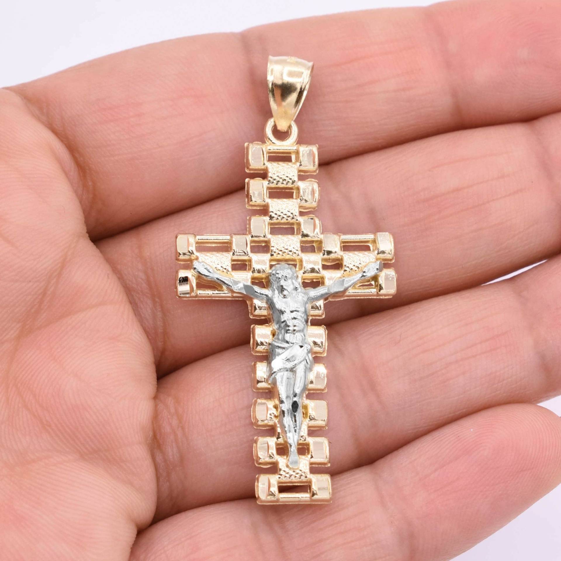 2" Rlx Eisenbahn Kreuz Jesus Körper Struktur Anhänger Echt 10K Gelbgold von BayamJewelry