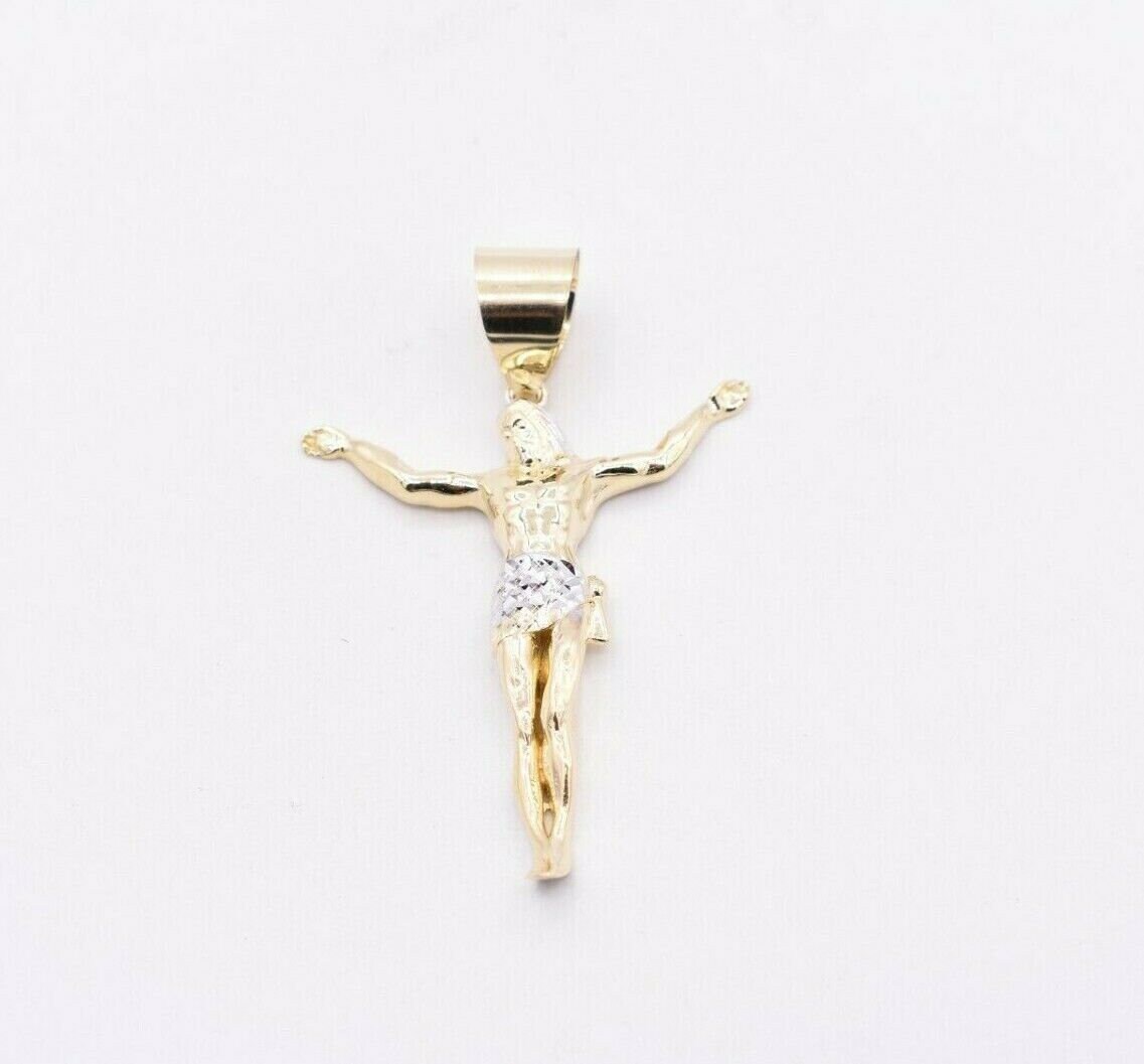 2" Zweifarbiger Strukturierter Jesus Charm Anhänger Echt 10K Gelb Weiß Gold von BayamJewelry