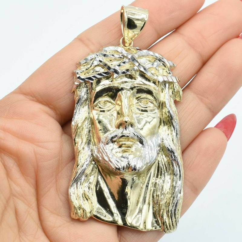 3 "Tone Diamantschliff Jesus Anhänger Real Solid 10K Gelb Weißgold von GoldumNYC