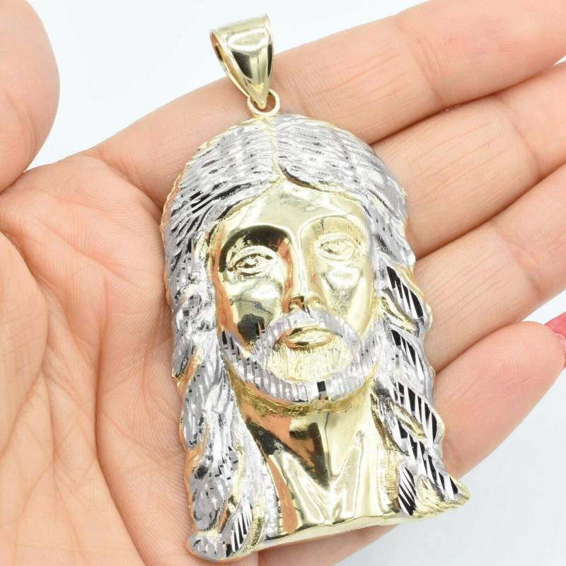3 "strukturierte Gesicht Von Jesus Anhänger Charm Real Solid 10K Gelb Weißgold von GoldumNYC