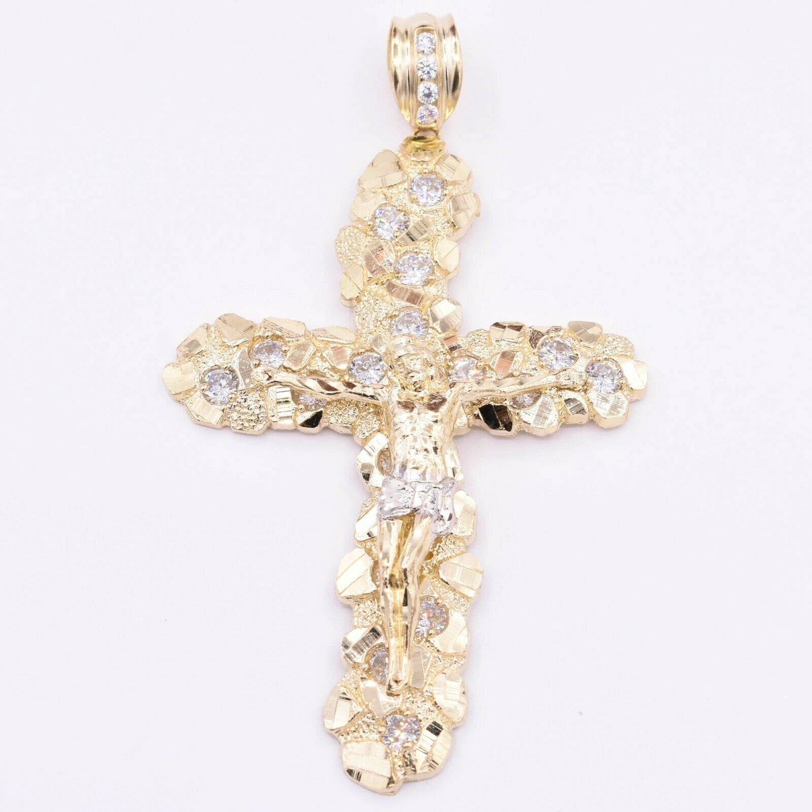 4 1/2" Nugget Stil Strukturierte Jesus Kreuz Anhänger Echt 10K Gelb Weißgold von BayamJewelry