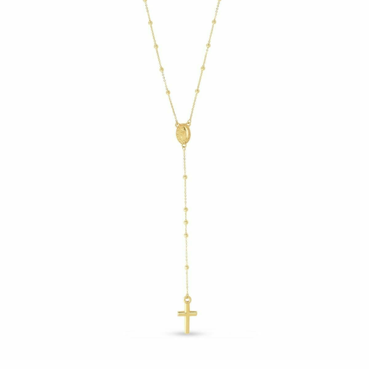 Bead Ball Cross Rosenkranz Lariat Halskette Echt 14K Gelbgold 66cm von BayamJewelry