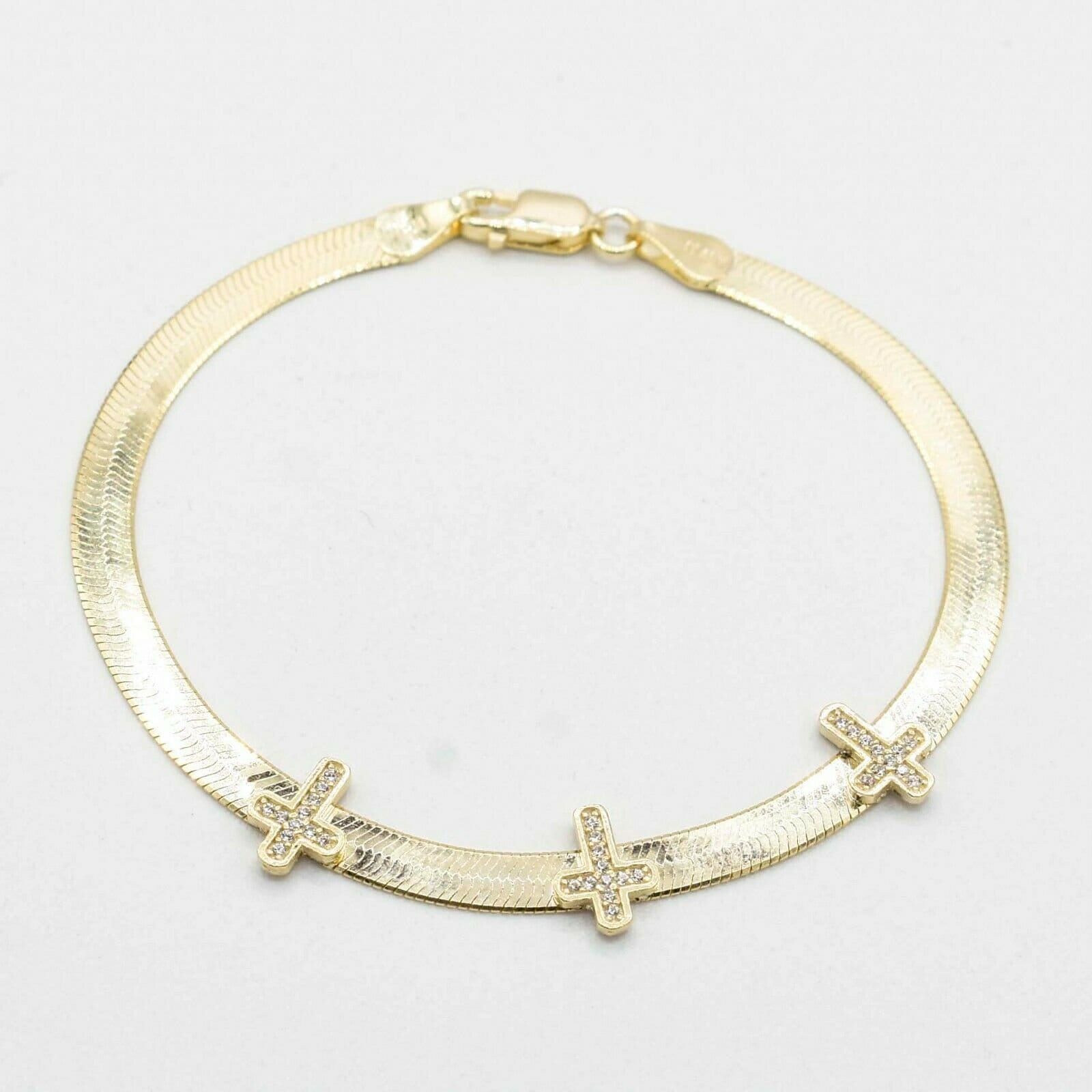 Cz Kreuz Fischgrät Armband Echt 14K Gelbgold Verschluss Sterling Silber von BayamJewelry