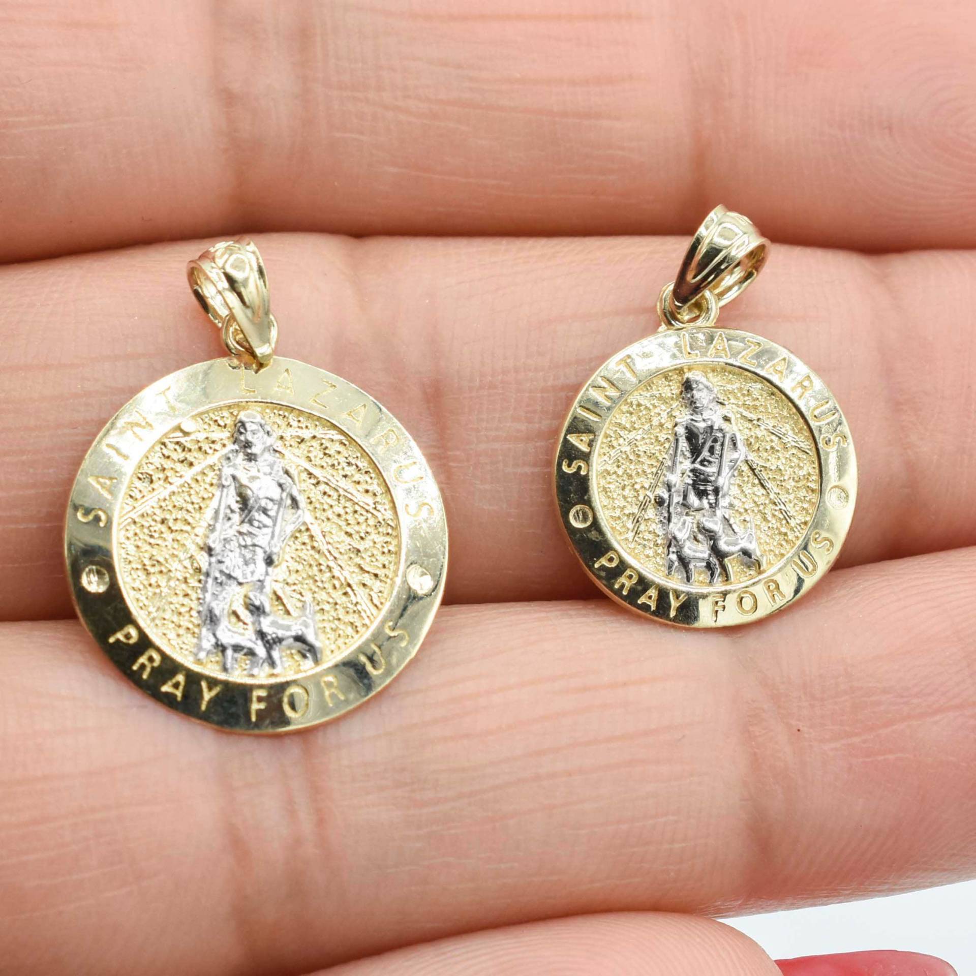 Diamantschliff "Pray For Us" Saint Lazarus Medaillon Anhänger Echt 10K Gelbgold von BayamJewelry