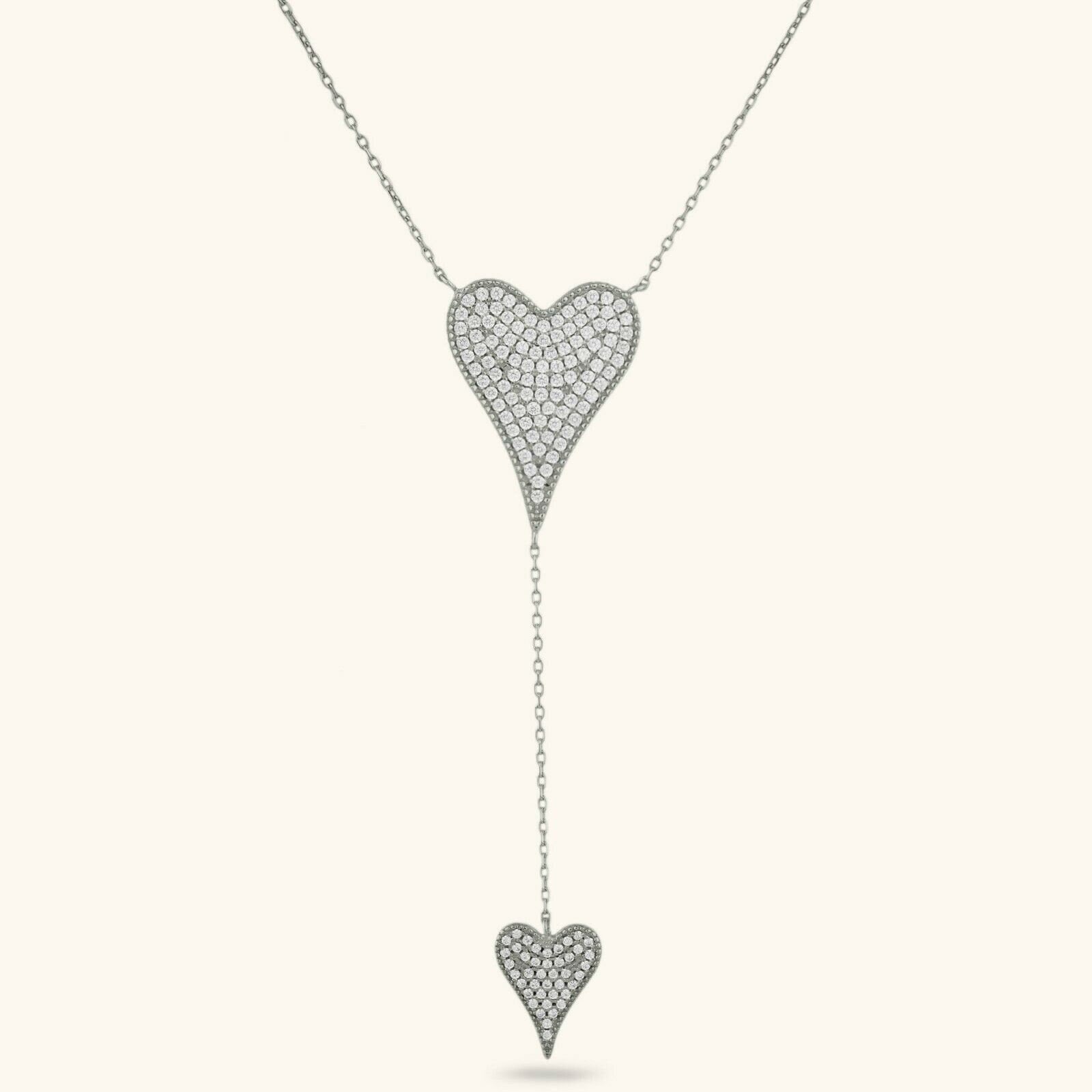 Double Heart Cz Charm Tropfen Halskette Sterling Silber Weiß Gold Verschluss 925 23" von BayamJewelry