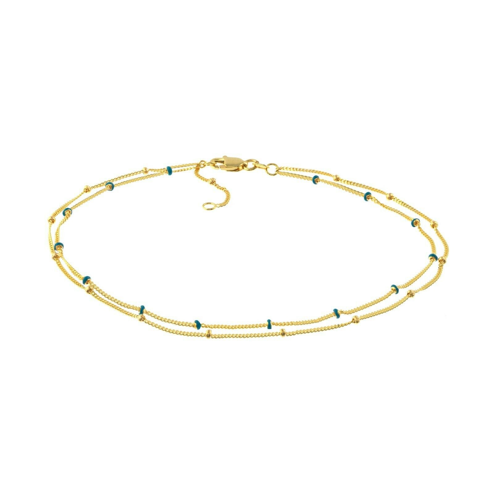 Einstellbare Doppel Blaue Perlen Saturn Knöchel Fußkettchen Real 14K Gelbgold 10" von BayamJewelry