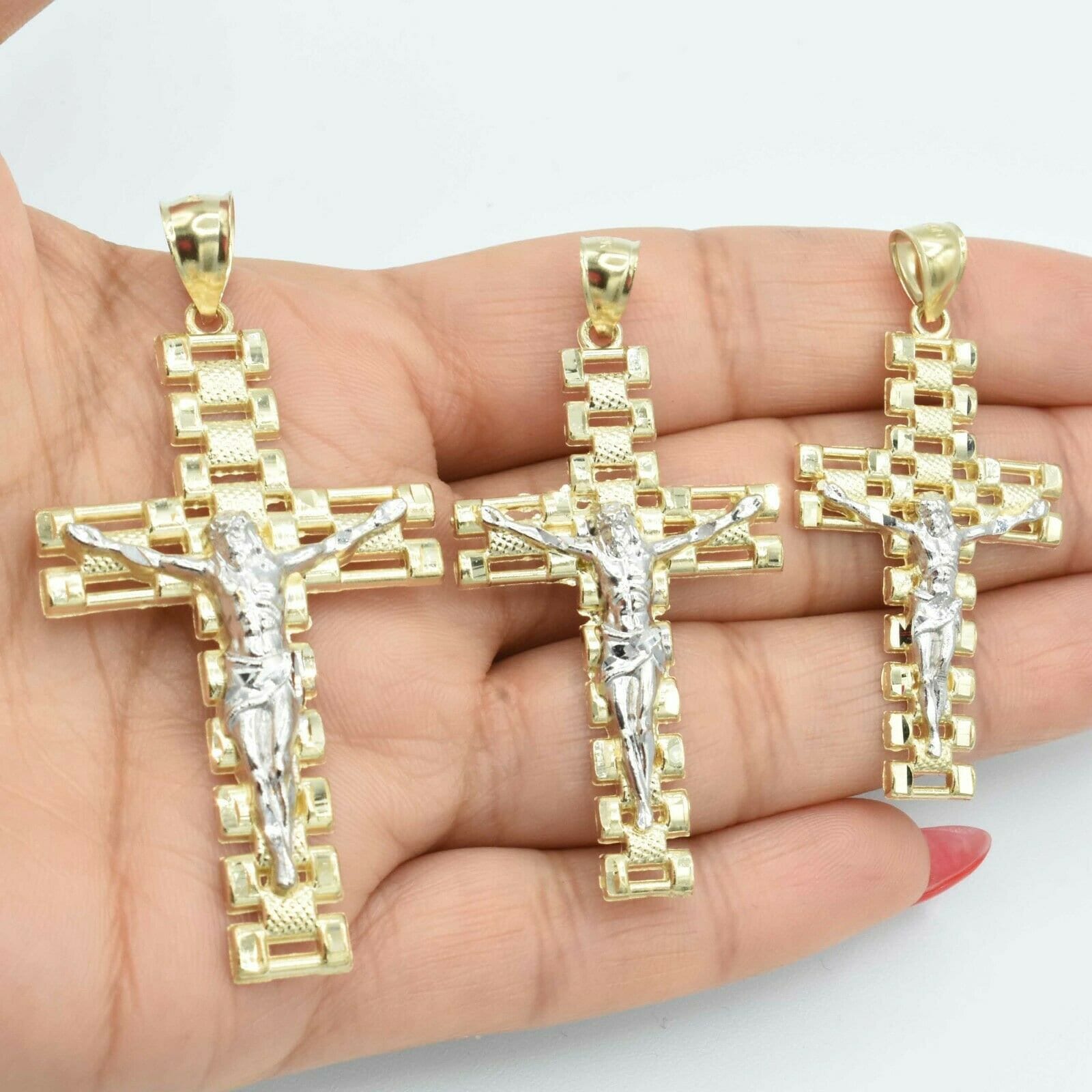 Eisenbahn Jesus Kreuz Kruzifix Anhänger Echt Solid 10K Gelb Weiß Gold Alle Größen von BayamJewelry