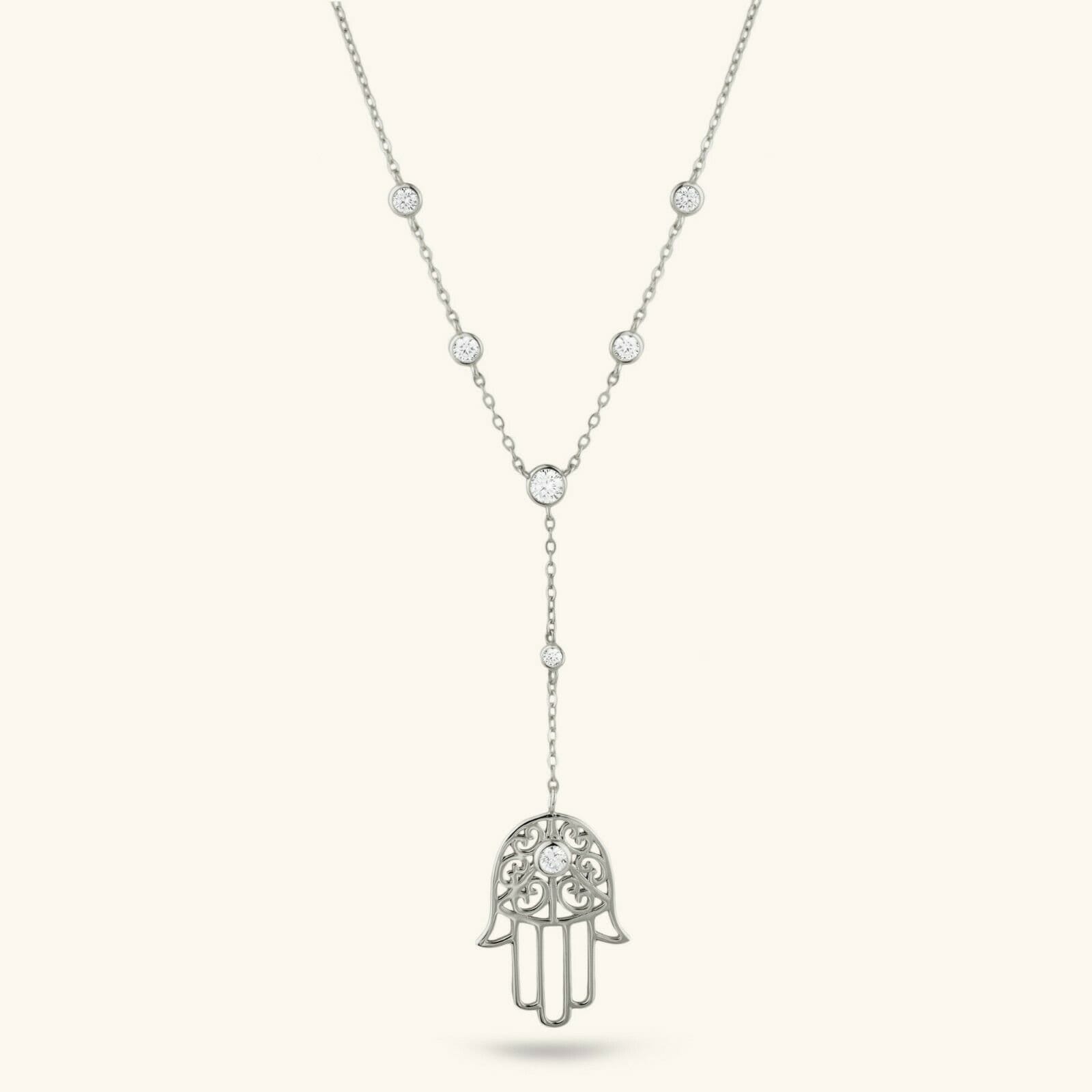 Hamsa Hand Filigran Cz Halskette Sterling Silber Weiß Gold Verschluss 925 18" von BayamJewelry