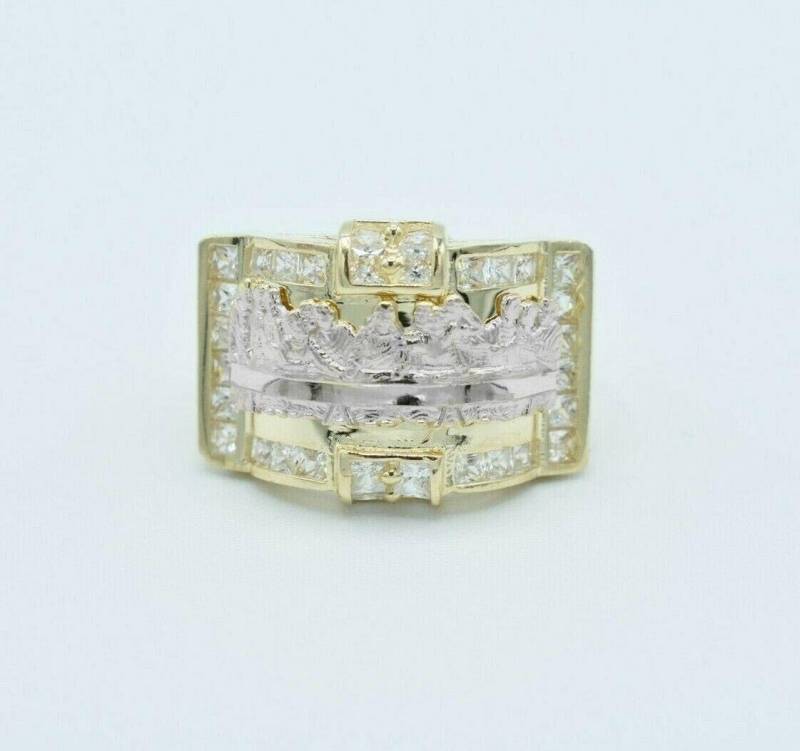 Herrenring Großes Rechteck Strukturierter Cz Abendmahl Ring Echt Massiv 10K Gelb-Weißgold von GoldumNYC