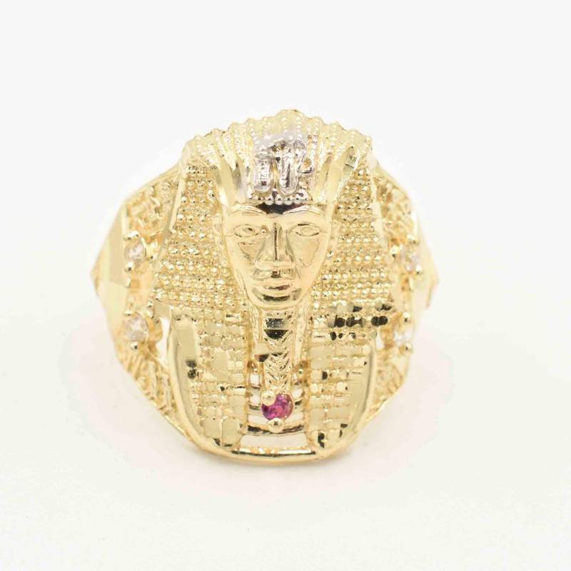 Herrenring Pharao Texturiert Cz Und Rubin Echte Solide 10K Gelb-Weiß-Gold von GoldumNYC