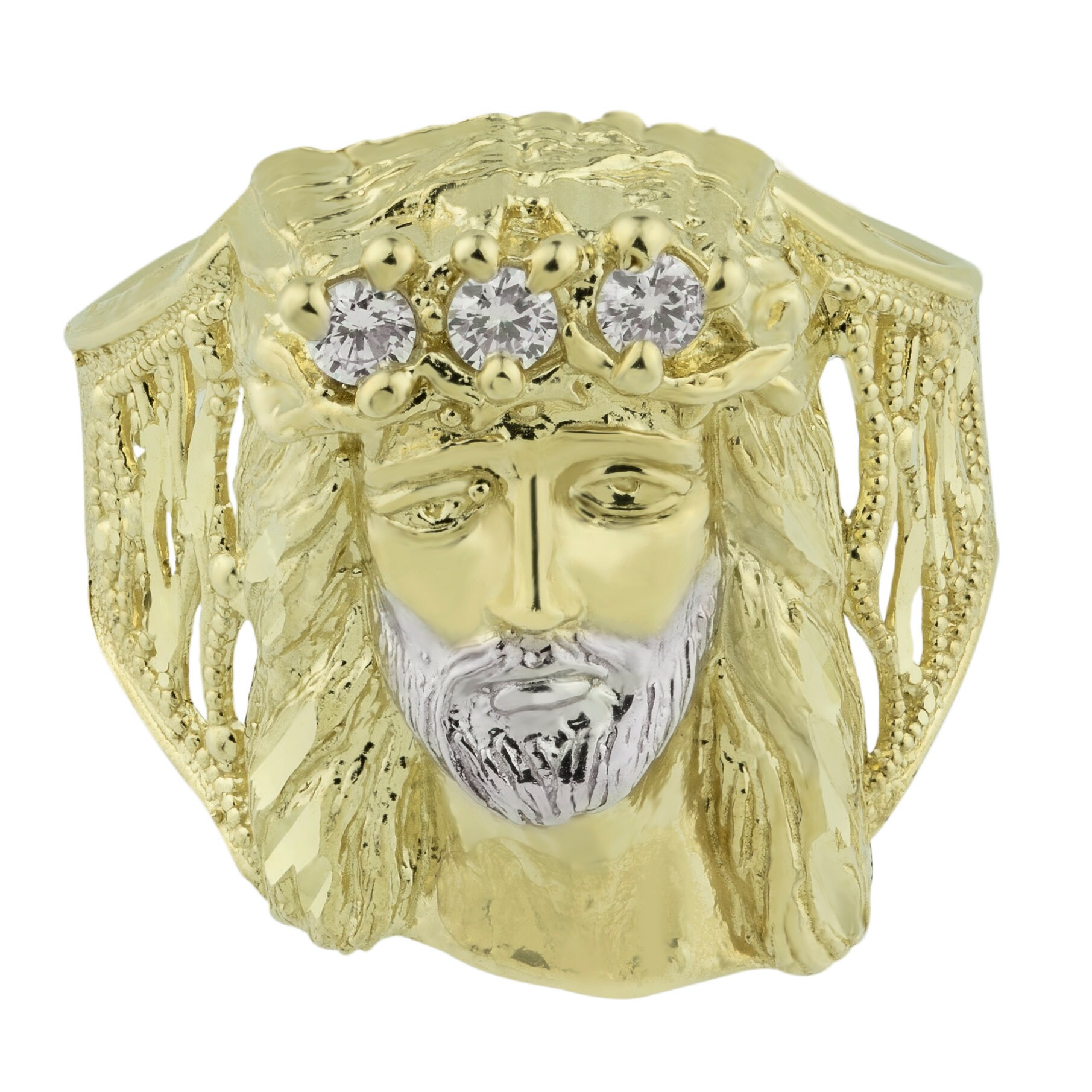 Jesus Kopf Strukturierte Zwei-Ton Cz Ring Solide 10K Gelb Weiß Gold von BayamJewelry
