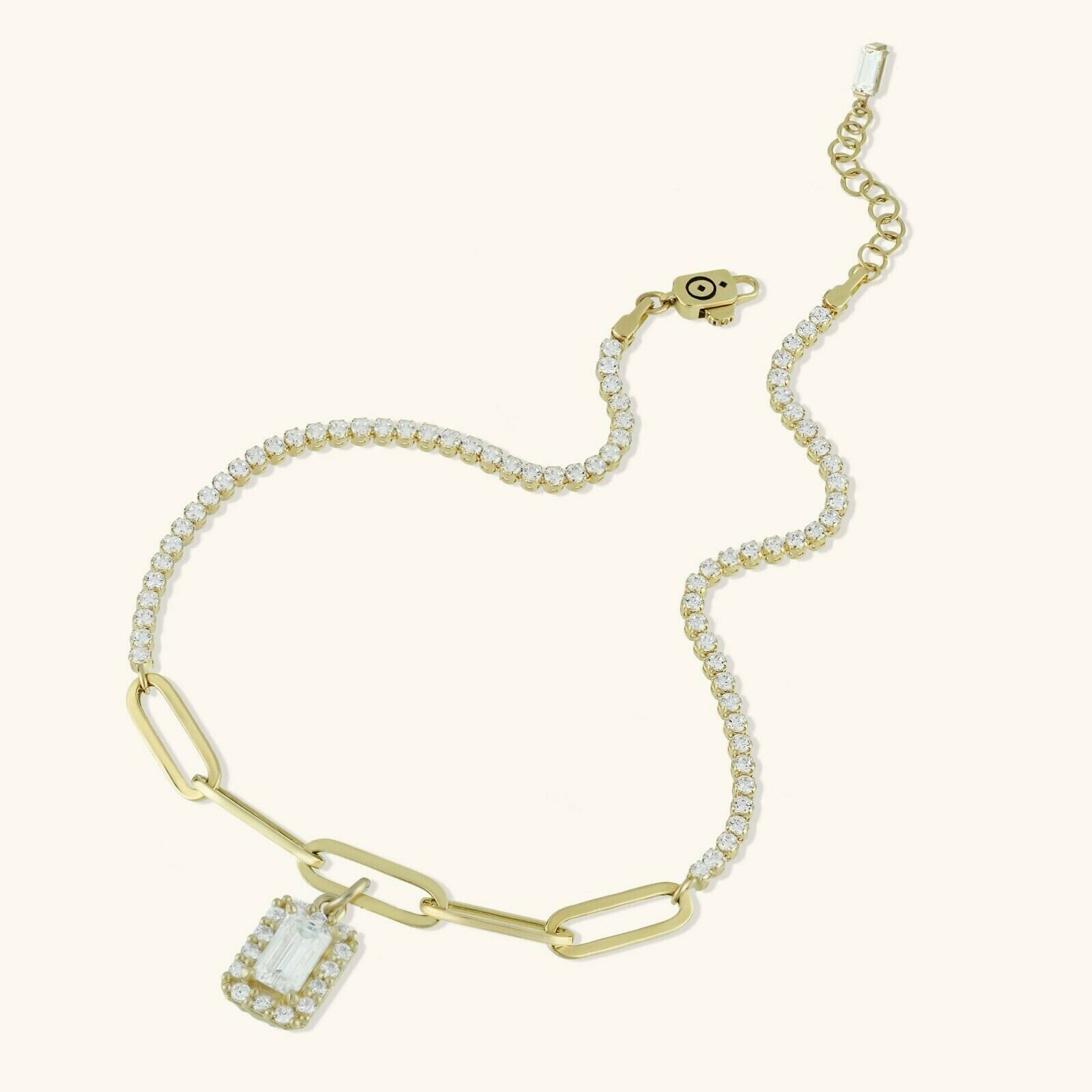 Papierclip Cz Baguette Cut Charm Fußkettchen Echt 14K Gelbgold Bis 10" von BayamJewelry