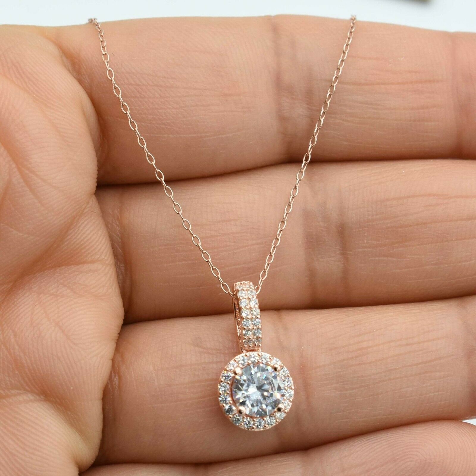 Rundschliff Cz Charm Anhänger Halskette 14K Roségold Vergoldet Silber von BayamJewelry