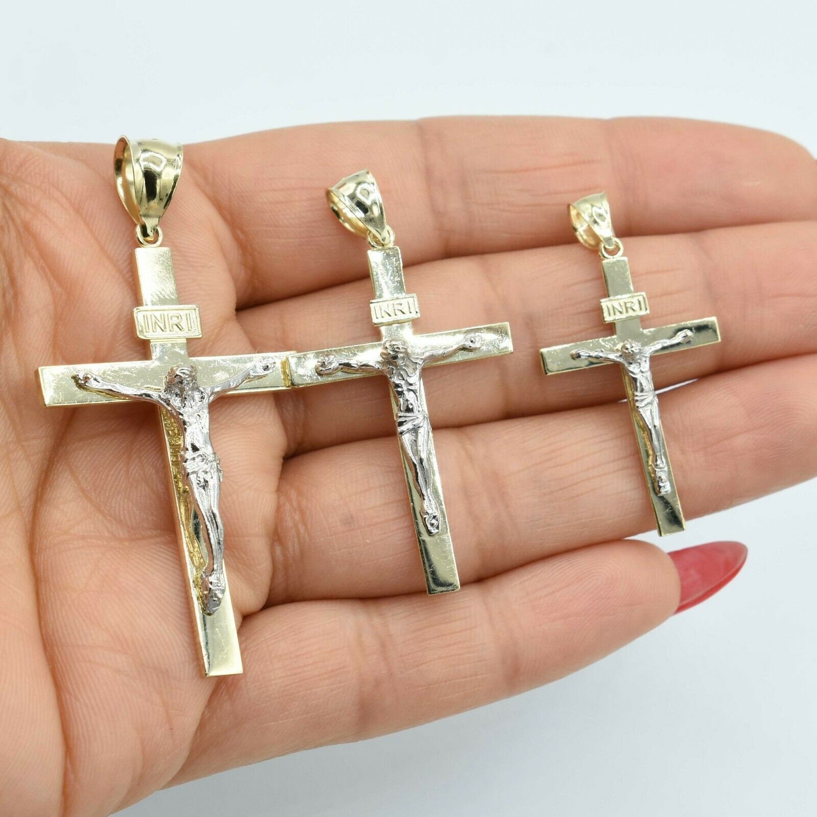 Shiny Jesus Kreuz Kruzifix Anhänger Real Solid 10K Gelb Weiß Gold Alle Größen von BayamJewelry