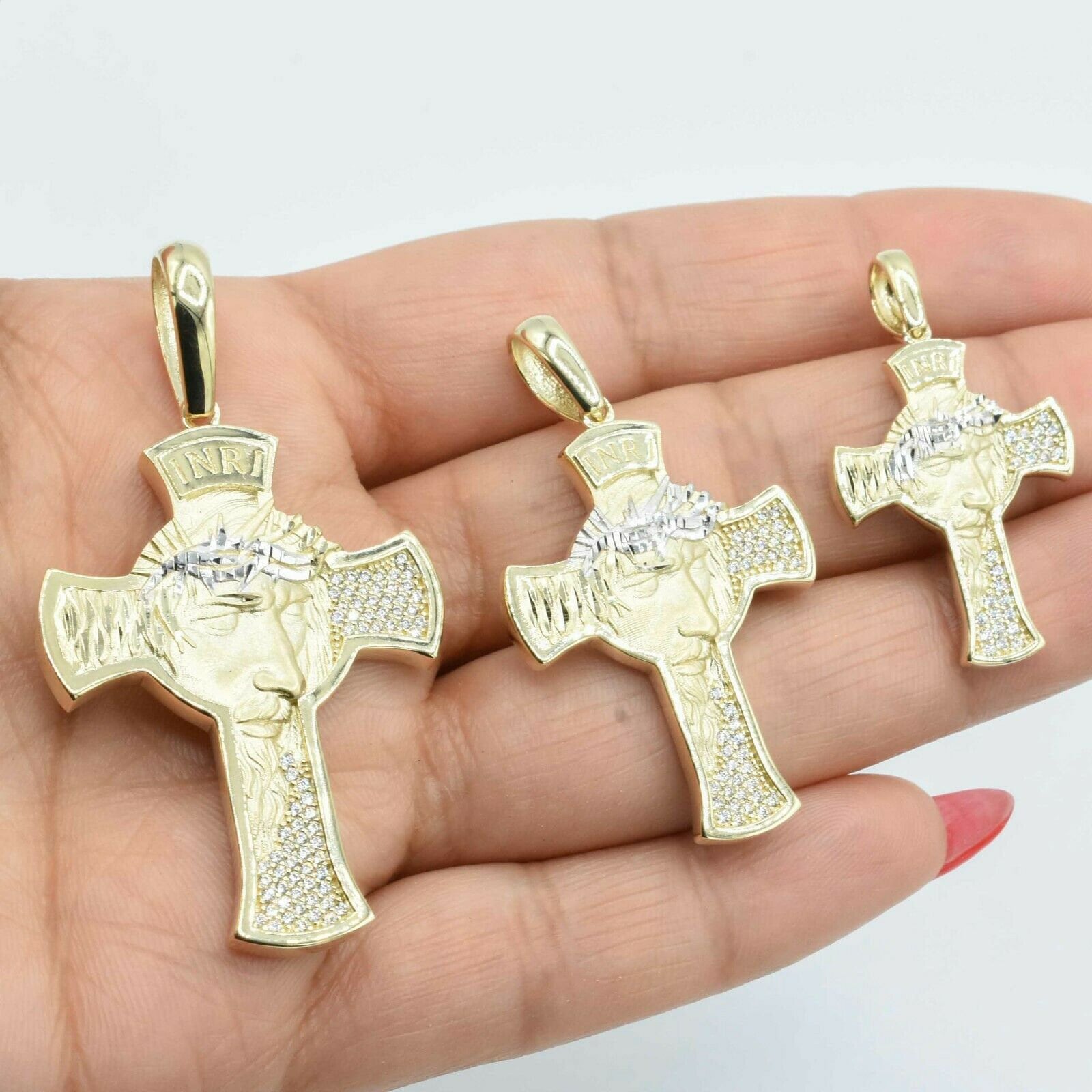 Texturierte Jesus Kreuz Mit Cz Anhänger Echt Solid 10K Gelb Weiß Gold Alle Größen von BayamJewelry