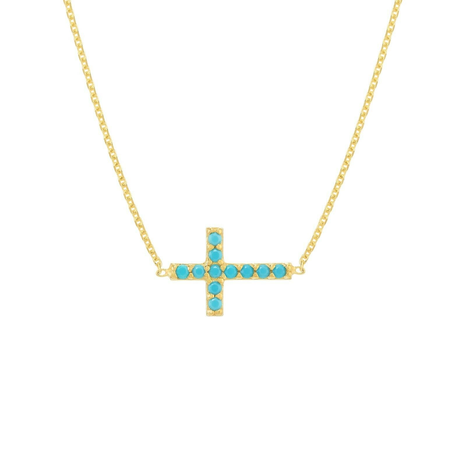 Verstellbares Mini Kreuz Mit Nano Türkis Halskette Echt 14K Gelbgold 18" von BayamJewelry