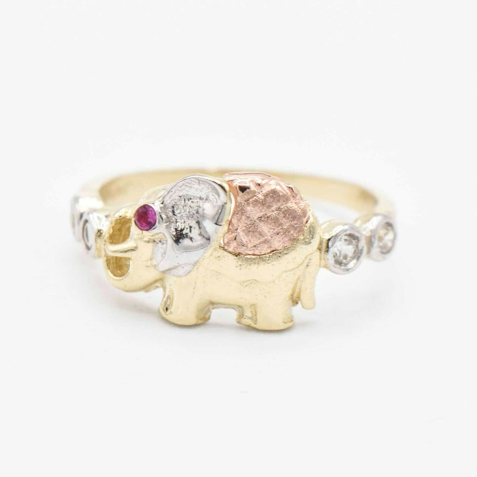 strukturiert Cz Elefant Mit Rubinaugen Ring Echt Massiv 10K Tri-Color Gold von BayamJewelry