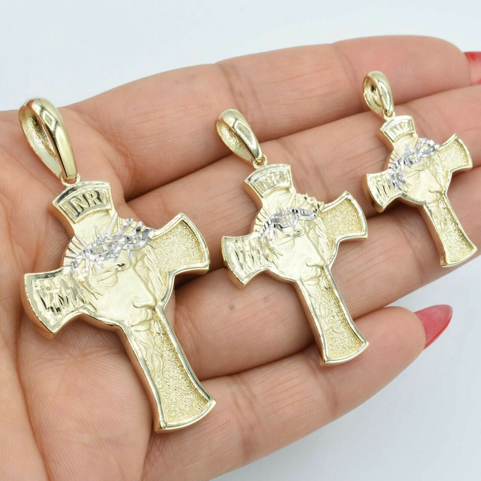 strukturiertes Gesicht Von Jesus Kreuz Anhänger Real Solid 10K Gelb Weiß Gold Alle Größen von BayamJewelry