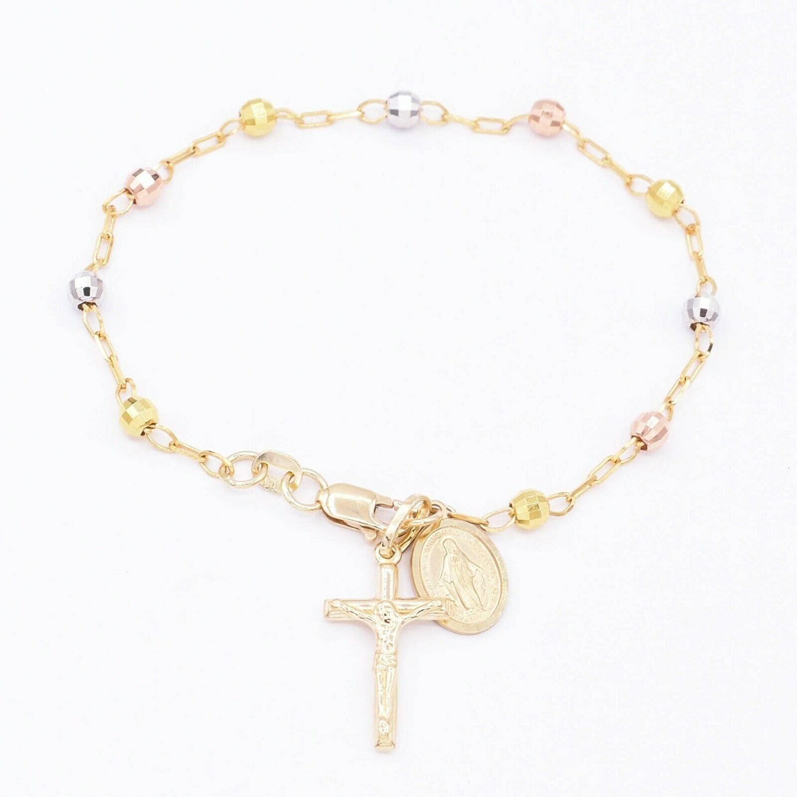 strukturiertes Rosenkranz Kreuz Jungfrau Maria Armband Echt 10K Tri-Color Gold 17, 8 cm von BayamJewelry