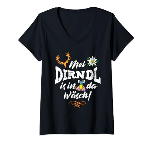 Damen Mei Dirndl is in da Wäsch Mädchen Lederhose Dirndl München T-Shirt mit V-Ausschnitt von Bayer Bayern Dirndlersatz Trachten Jungs Frau