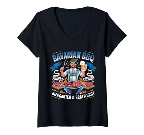 Damen Bavarian BBQ Biergarten & Bratwurst T-Shirt mit V-Ausschnitt von Bayerische Kultur Beer Festival Spaß