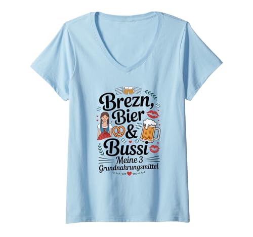 Damen Bier Brezn & Bussi Oktoberfest Dirndl Trachten Ersatz T-Shirt mit V-Ausschnitt von Bayerische Oktoberfest Party Bier Trinken Trachten