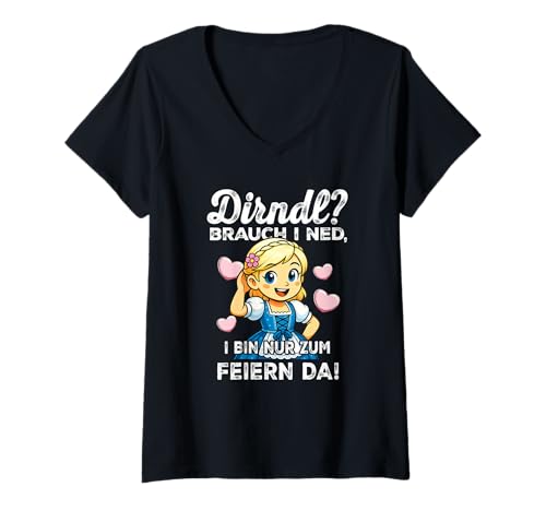 Damen Lustiges Dirndl Brauch I Ned Spruch Party T-Shirt mit V-Ausschnitt von Bayerische Trachten Witzige Party